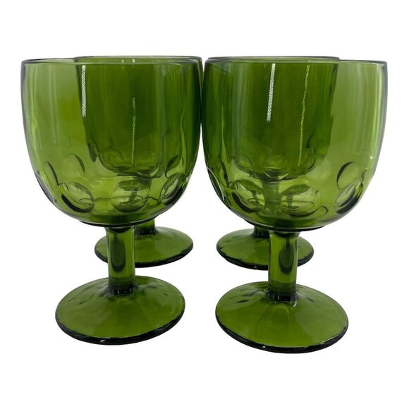 Set Of 4 Green Coin Dot Bartlett Collins Goblets Footed Thumbprint Pedestal Glas - Picture 1 of 13